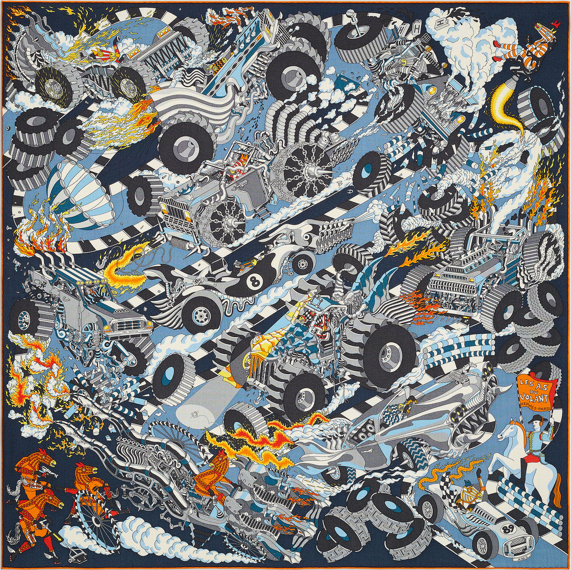 "Les as du volant", cashmere and silk scarf, 100 x 100 cm