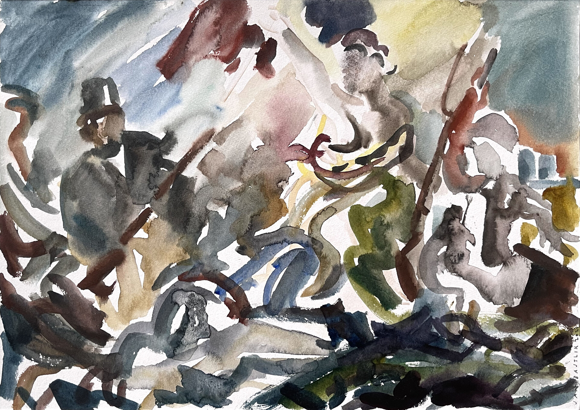 “Liberty leading the people”, inspired by the work of Eugene Delacroix, presented in Louvre, 21 x 29,5 cm, watercolours on paper, 2021