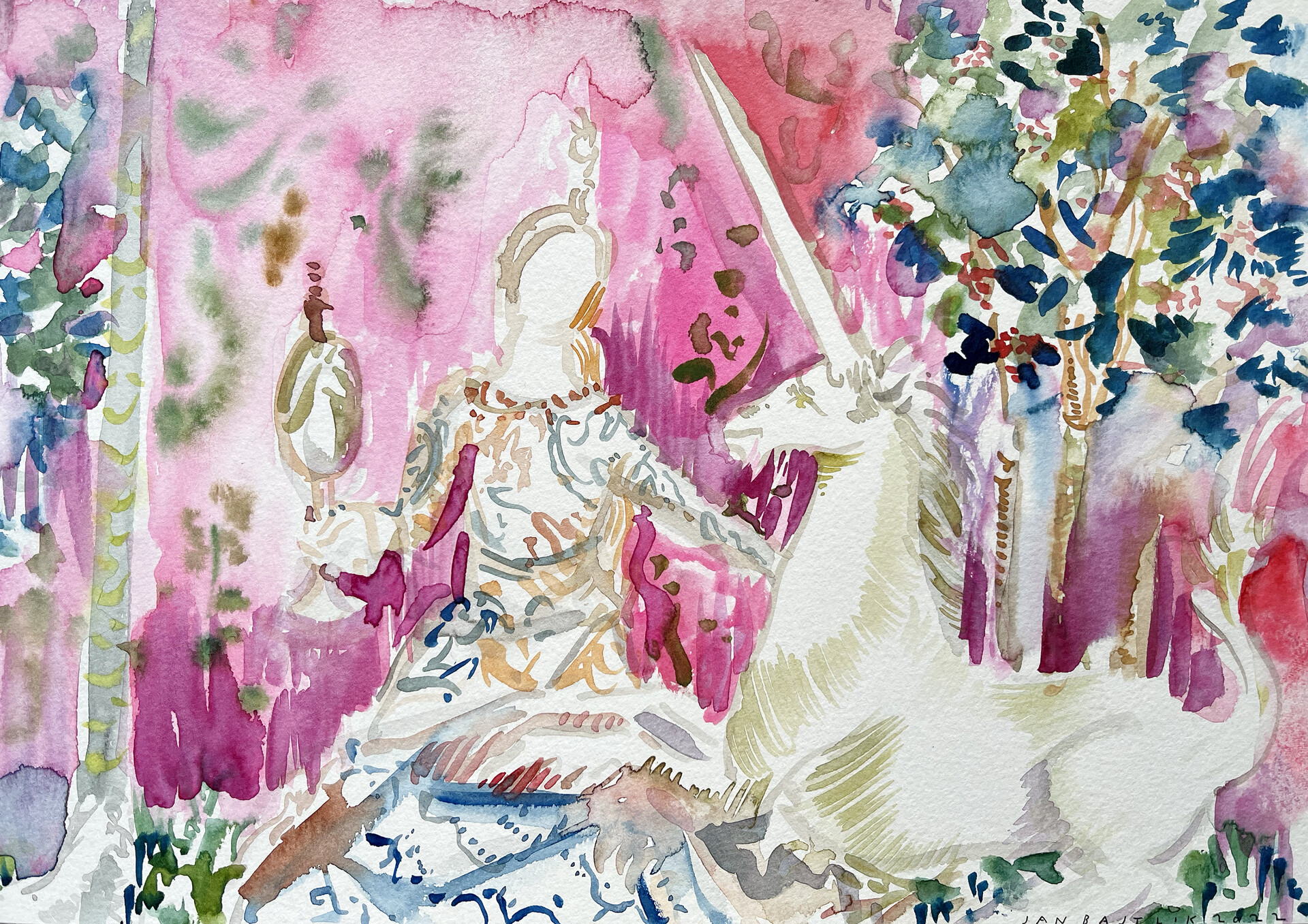 “La dame à la licorne”, 21 x 29,7, watercolours on paper, 2022