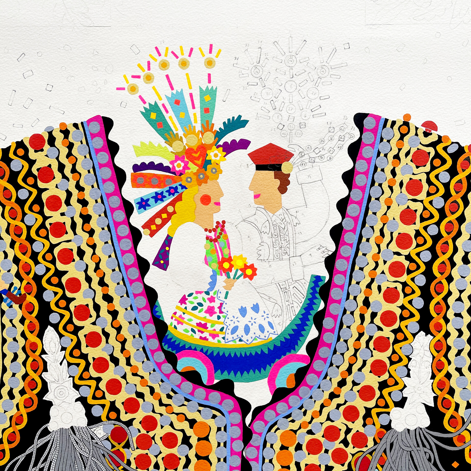 Original “Costume de fête” painting is done with gouache on paper, 100 x 100 cm