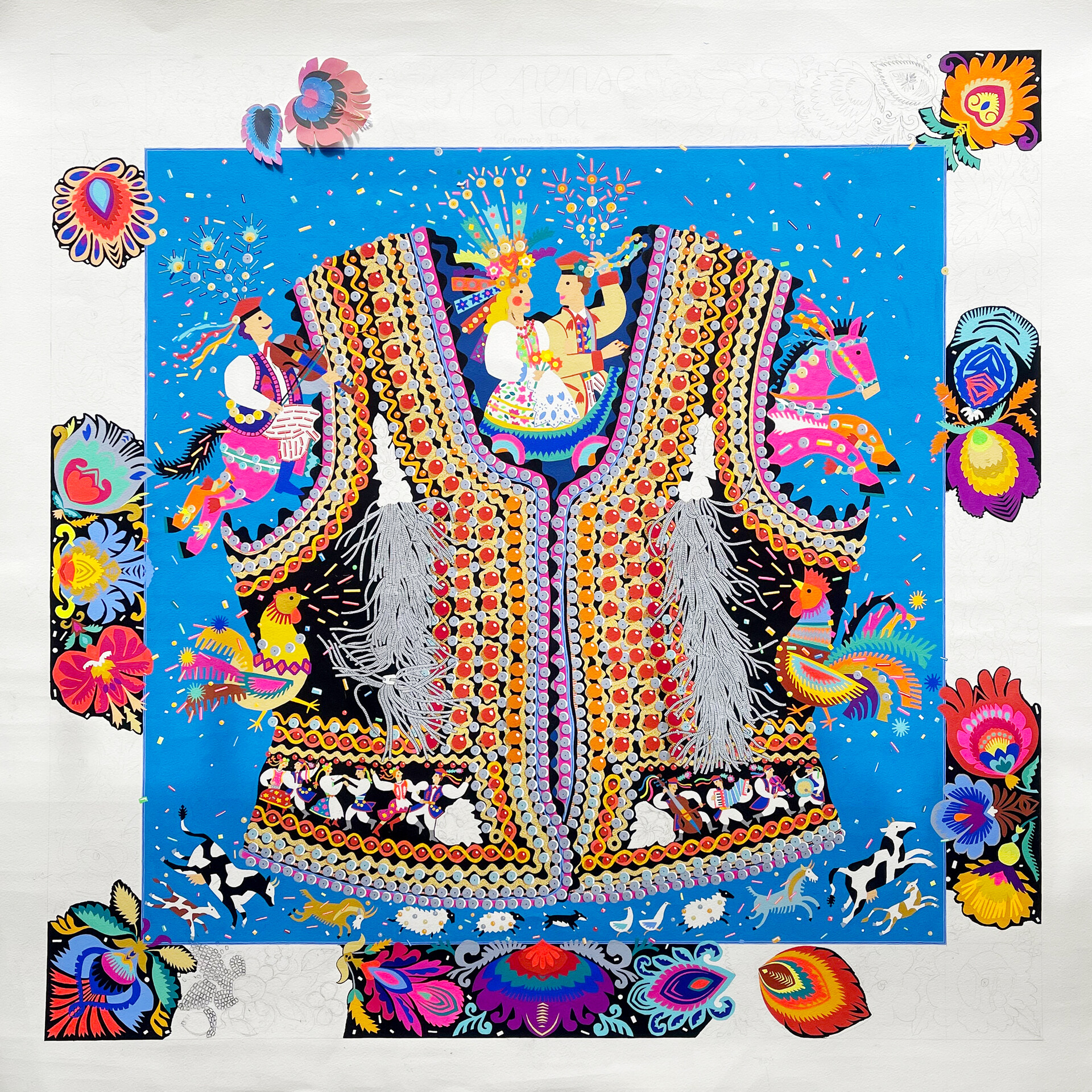 Original “Costume de fête” painting is done with gouache on paper, 100 x 100 cm